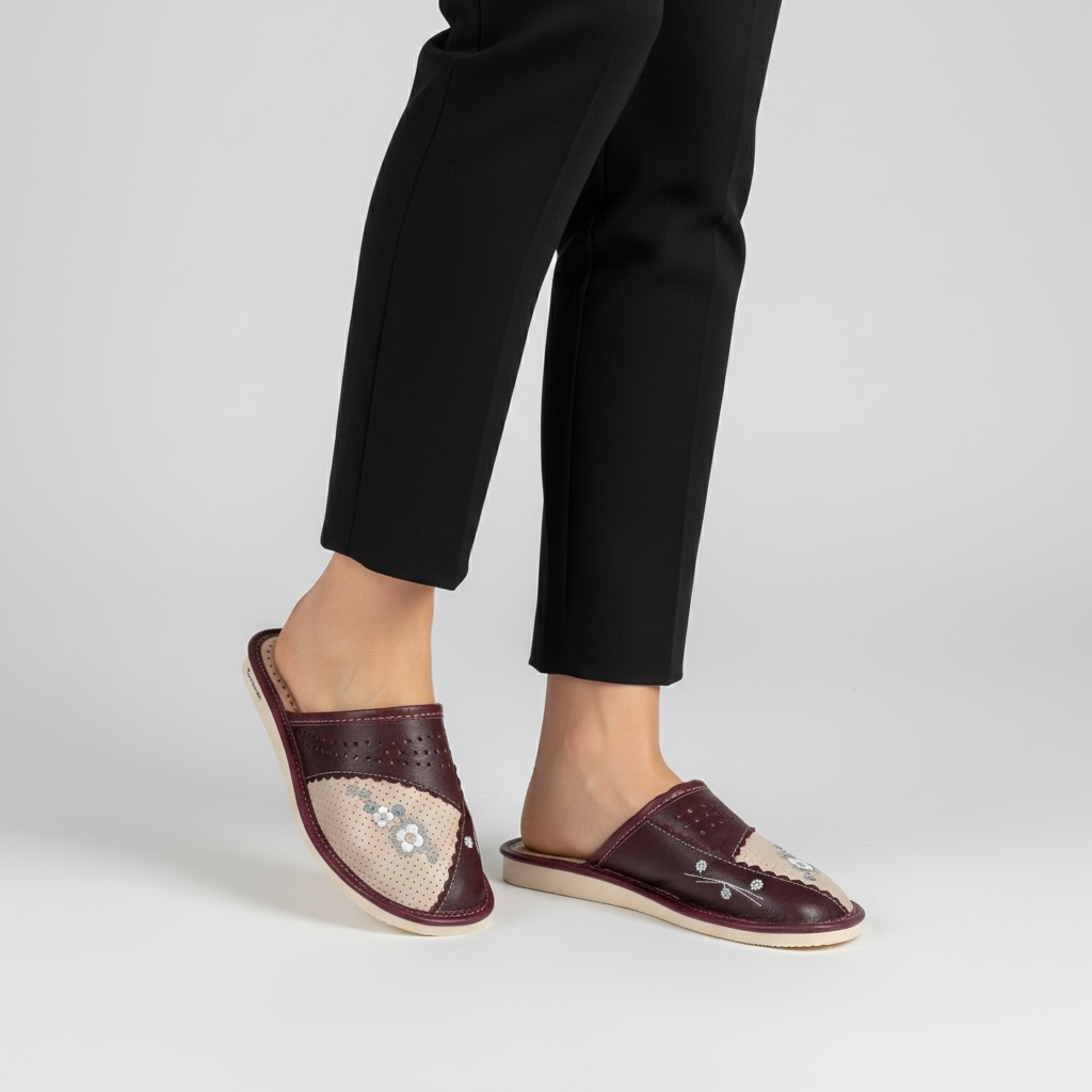 Kapcie damskie z kwiatowym zdobieniem Naturfeet PKC5PU beżowo-bordowe - zdjecie 2