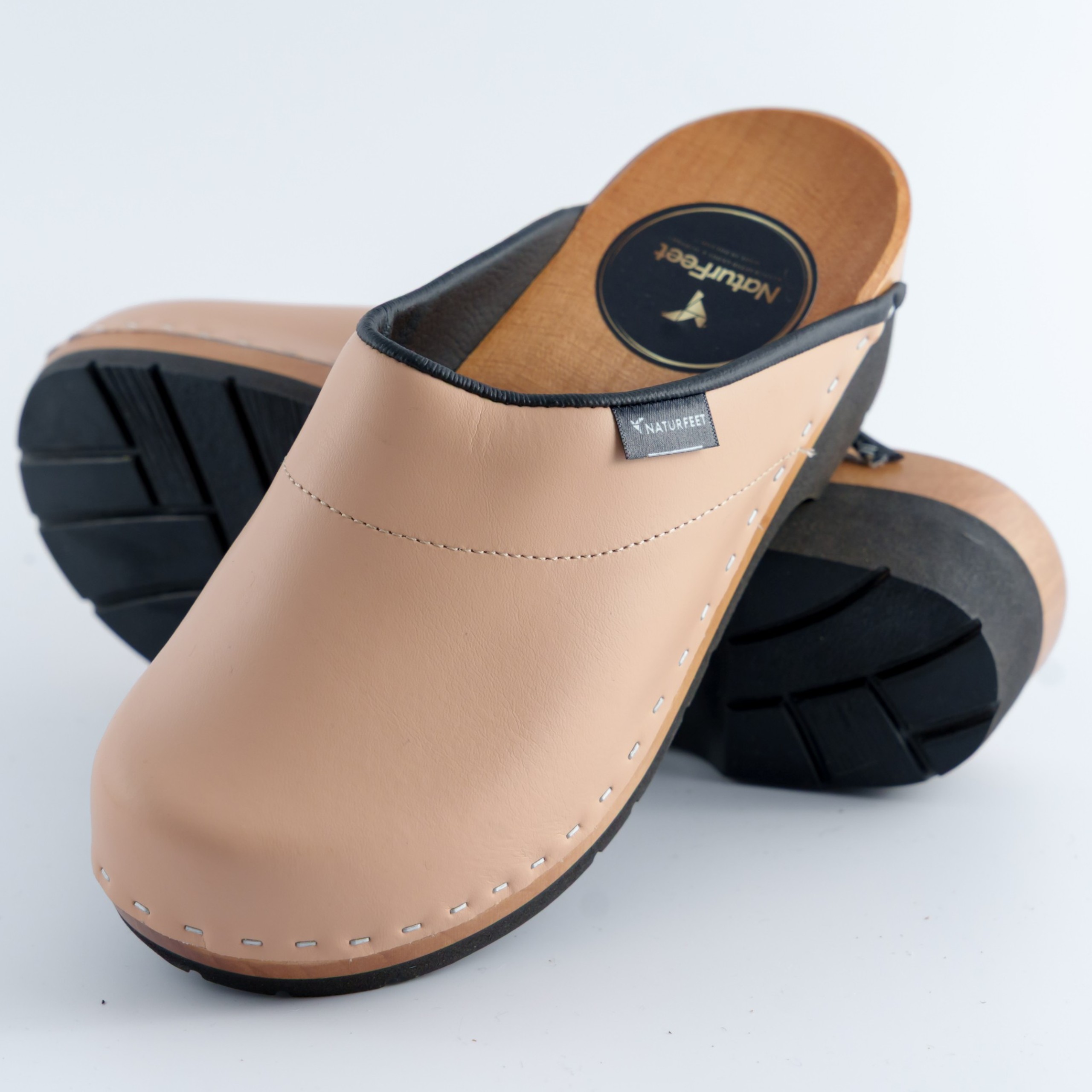 Brzoskwiniowe chodaki medyczne Naturfeet MK1PE PREMIUM – skóra naturalna, drewno topolowe, podeszwa amortyzująca PU MK1PE