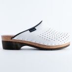 Damskie białe przewiewne skórzane chodaki – wsuwane klapki z drewnianą podeszwą – buty Naturefeet w stylu skandynawskim MK2WH