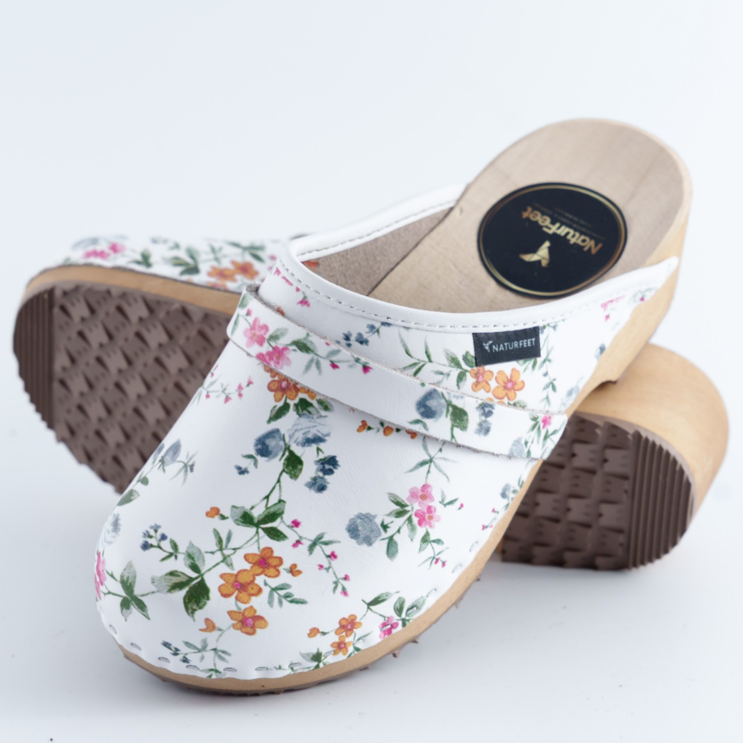 Drewniaki damskie Naturfeet ze skóry naturalnej w kwiaty Zakryte Chodaki DKC5WH
