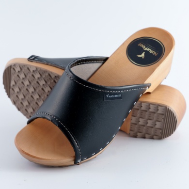 Drewniaki damskie NATURFEET czarne – skórzane klapki na drewnianej podeszwie - Piękno i Elegancja DKO2BL