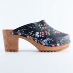 Damskie drewniaki Naturefeet DH5BL czarne z kwiatowym wzorem komfortowe obuwie na obcasie - klasa i elegancja