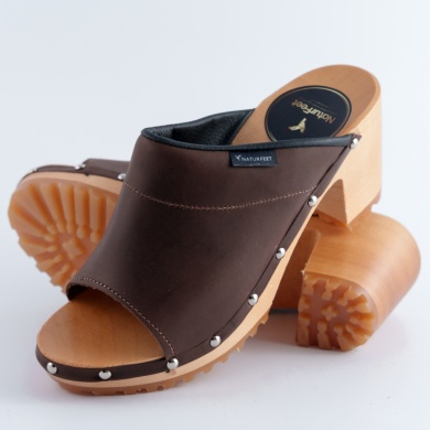 Letnie buty z odkrytymi palcami drewniaki damskie Naturfeet DHO8BR – Skóra naturalna – Ręcznie robione klapki na drewnianej podeszwie - brązowe