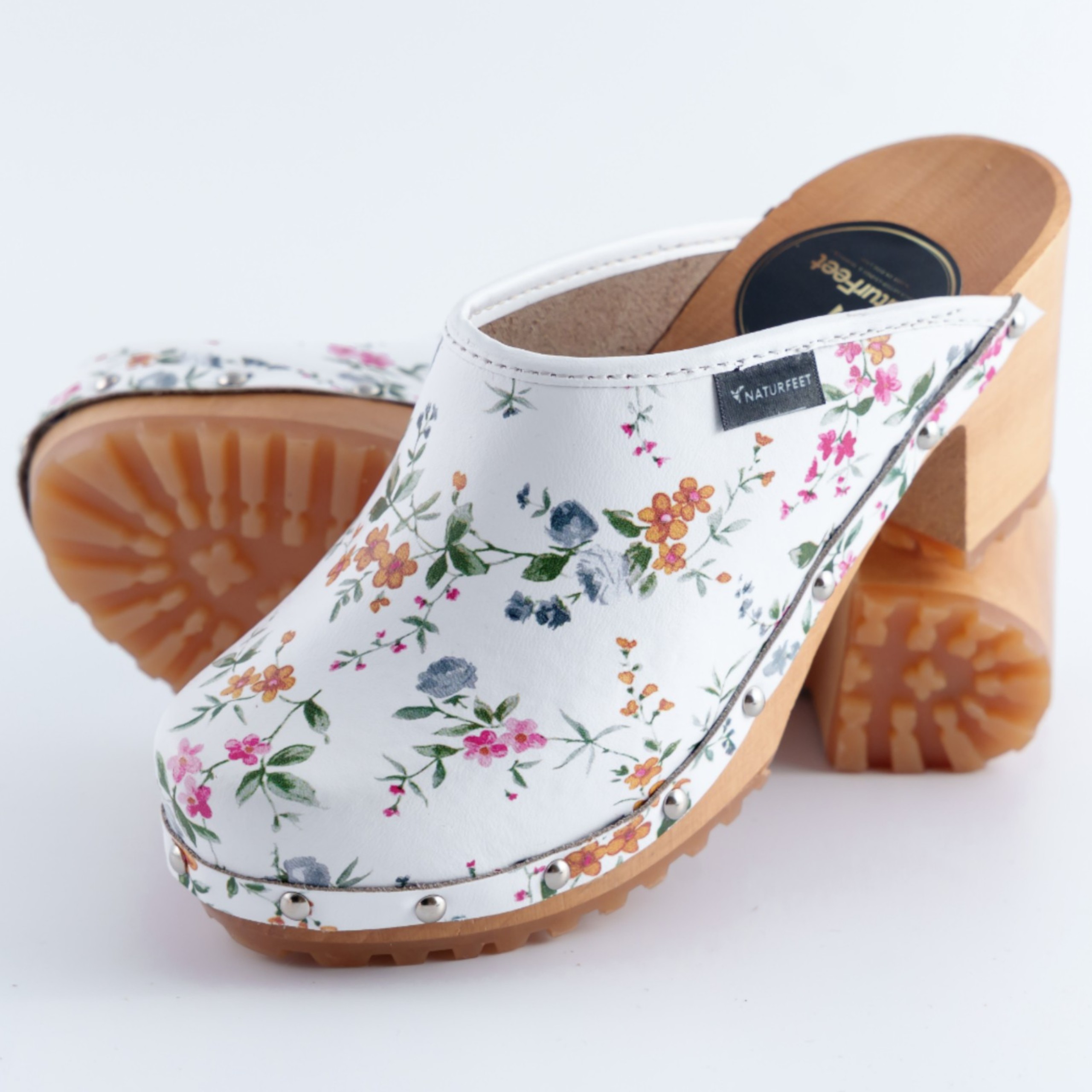Damskie drewniaki Naturefeet DH5WH z naturalnej skóry z kwiatowym wzorem komfortowe obuwie na obcasie - klasa i elegancja