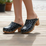 Damskie drewniaki Naturefeet DH7BL z naturalnej skóry w groszki obuwie na obcasie - klasa i elegancja