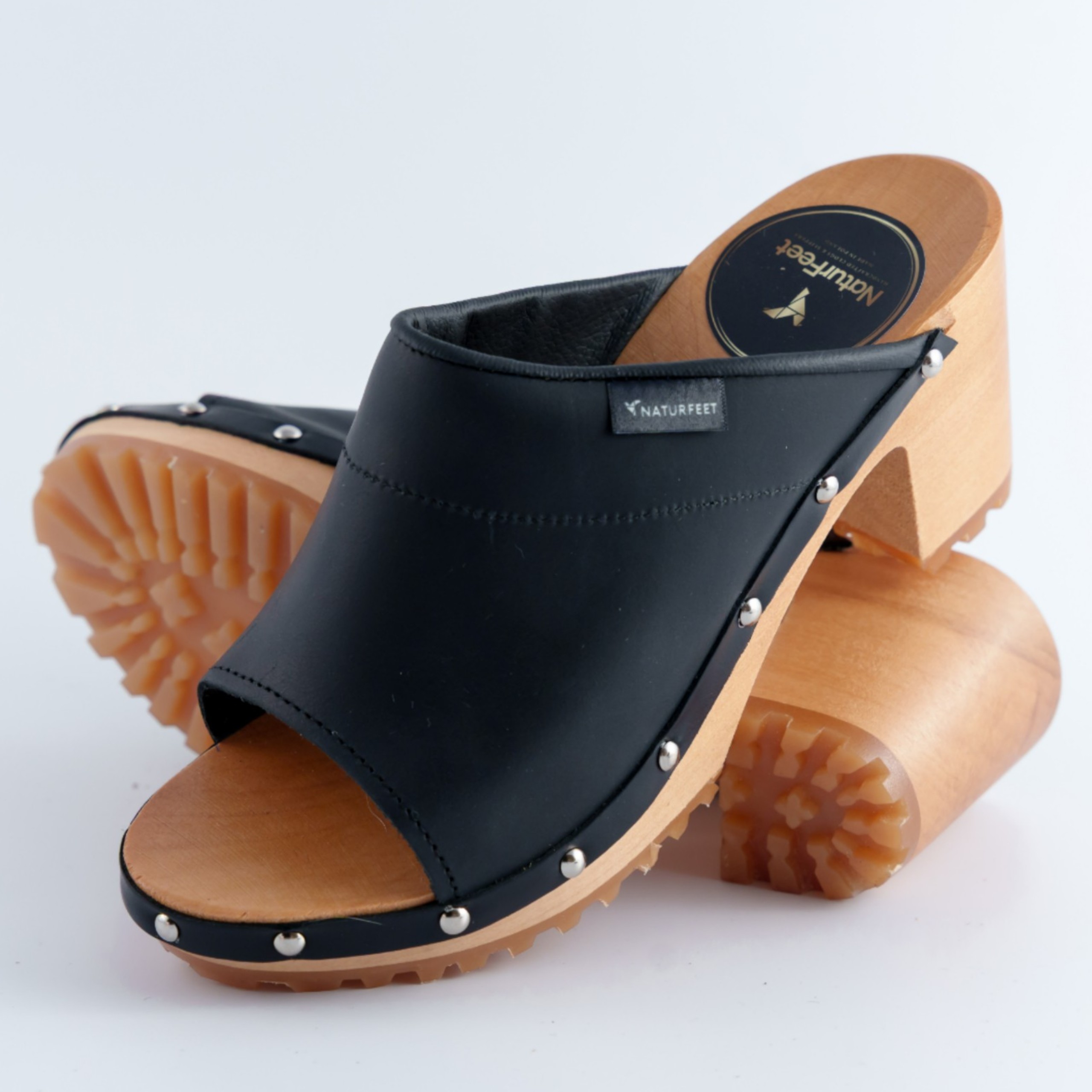 Letnie buty z odkrytymi palcami drewniaki damskie Naturfeet DHO8BL – Skóra naturalna – Ręcznie robione klapki na drewnianej podeszwie - CZARNE