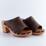 Letnie buty z odkrytymi palcami drewniaki damskie Naturfeet DHO8BR – Skóra naturalna – Ręcznie robione klapki na drewnianej podeszwie - brązowe