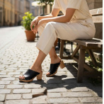 Letnie buty z odkrytymi palcami drewniaki damskie Naturfeet DHO8BL – Skóra naturalna – Ręcznie robione klapki na drewnianej podeszwie - CZARNE