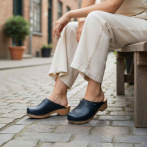 Damskie Granatowe Chodaki Naturfeet DKC2NA ze Skóry Naturalnej na Drewnianym Obcasie - Zdrowie i Ponadczasowość