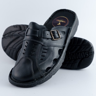 Męskie Klapki Skórzane z Regulowanym Zapięciem – Czarne Naturfeet KMC5BL