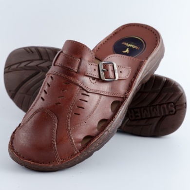 Męskie Klapki Skórzane z Regulowanym Zapięciem – Brązowe Naturfeet KMC5BR