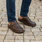 Męskie Klapki Skórzane z Regulowanym Zapięciem – Oliwkowe Naturfeet KMC5OL