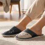 Skórzane kapcie damskie Naturfeet PKC5GR – Beżowo-szare z kwiatowym zdobieniem