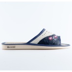 Damskie skórzane kapcie Naturfeet – granatowo-kremowe pantofle z haftem kwiatowym PKO5BL