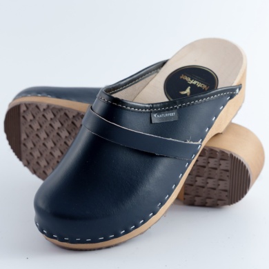 Damskie Granatowe Chodaki Naturfeet DKC2NA ze Skóry Naturalnej na Drewnianym Obcasie - Zdrowie i Ponadczasowość