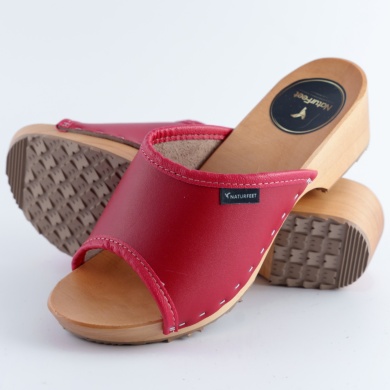 Drewniaki damskie NATURFEET DKO2RE czerwone – skórzane klapki na drewnianej podeszwie - Piękno i Elegancja