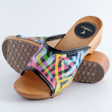 Artystyczne klapki na drewnianej podeszwie NATURFEET Kolorowe drewniaki damskie DKO6PC