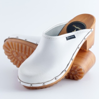 Obuwie damskie na obcasie Naturfeet DH2WH – skórzane chodaki na drewnianej podeszwie - uroda i gracja - białe