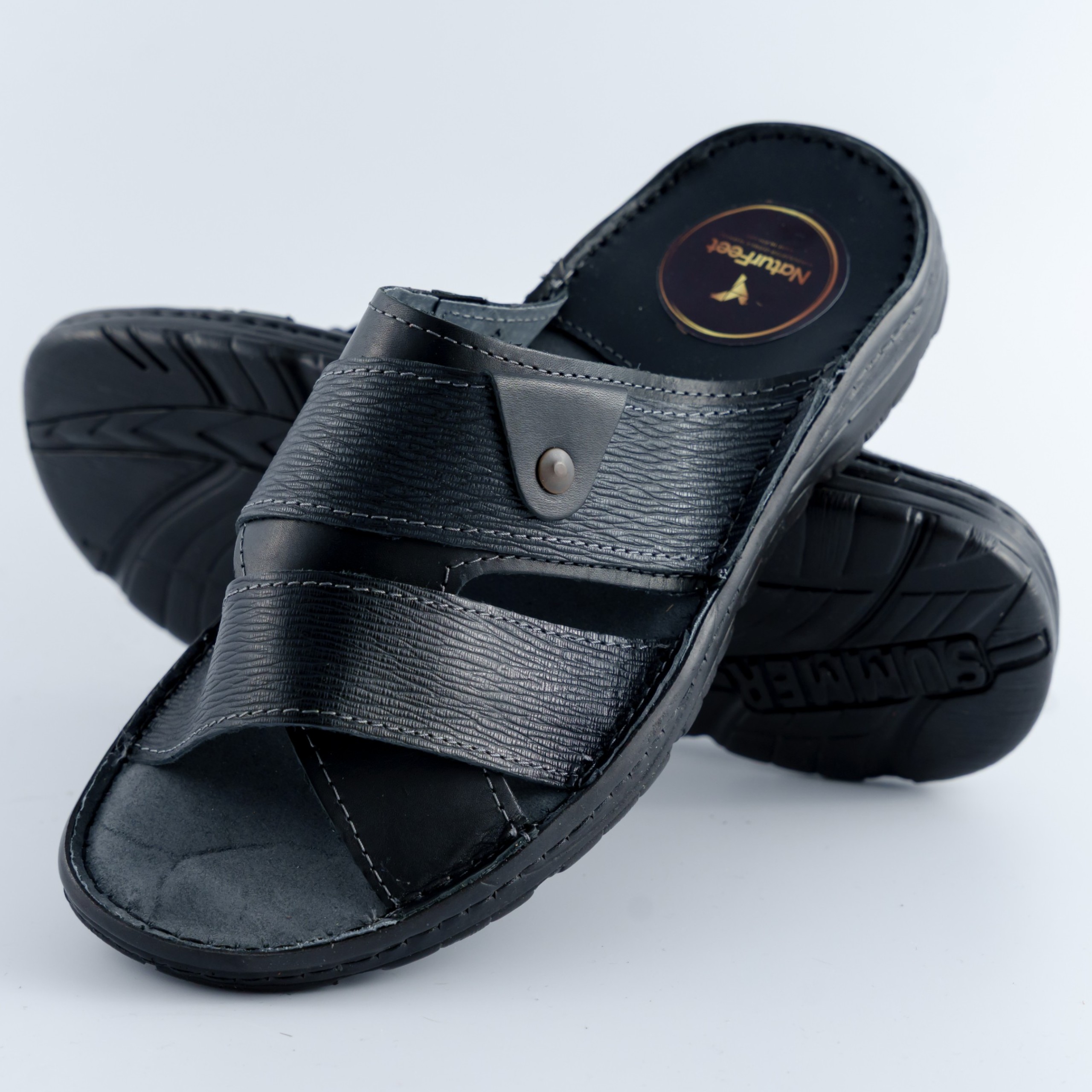 Czarne Klapki Męskie Naturefeet – Letnie Skórzane Obuwie z Antypoślizgową Podeszwą KMO2BL