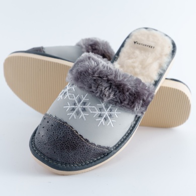 Damskie kapcie zimowe Naturfeet PKW5GR szare – skóra naturalna z haftem futerko i lekka podeszwa