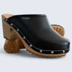 Obuwie damskie na obcasie Naturfeet DH2BL – skórzane chodaki na drewnianej podeszwie - uroda i gracja - czarne