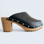 Obuwie damskie na obcasie Naturfeet DH2BL – skórzane chodaki na drewnianej podeszwie - uroda i gracja - czarne