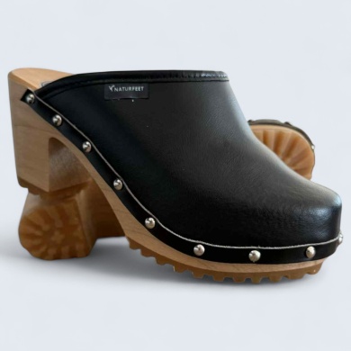 Obuwie damskie na obcasie Naturfeet DH2BL – skórzane chodaki na drewnianej podeszwie - uroda i gracja - czarne