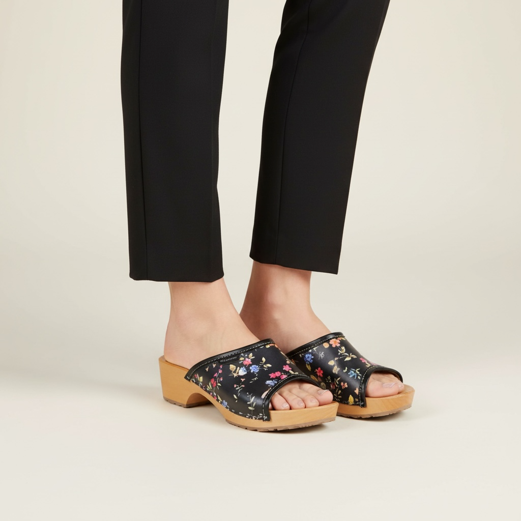 Drewniaki damskie z kwiatowym wzorem Naturfeet DKO5BL czarne - zdjecie 2